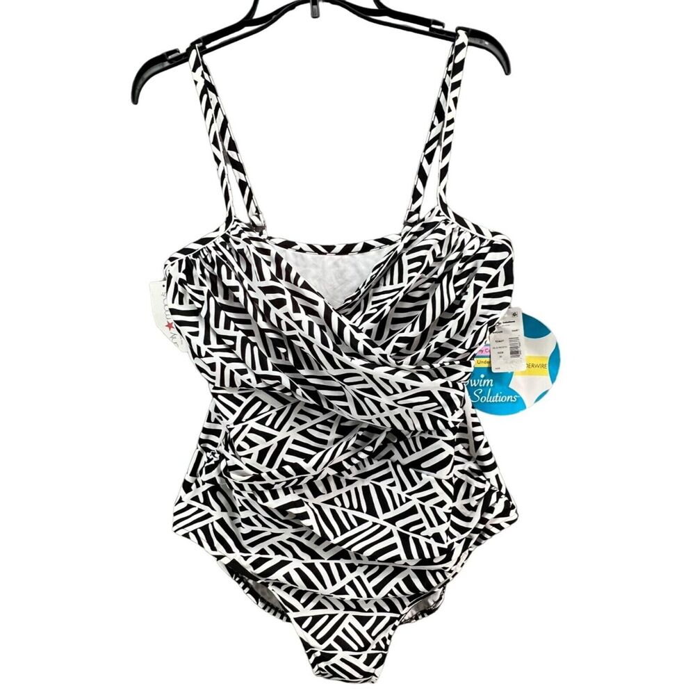 Swim Solutions Swimsuit Womens 20 Black White Ruched Underwire Tummy‎ Control - Picture 1 of 15
